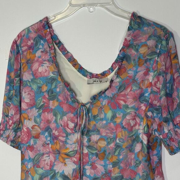 Sadie & Sage Women’s Floral Mini Dress Size Small Pink Blue Puff Sleeve Boho - Picture 3 of 4